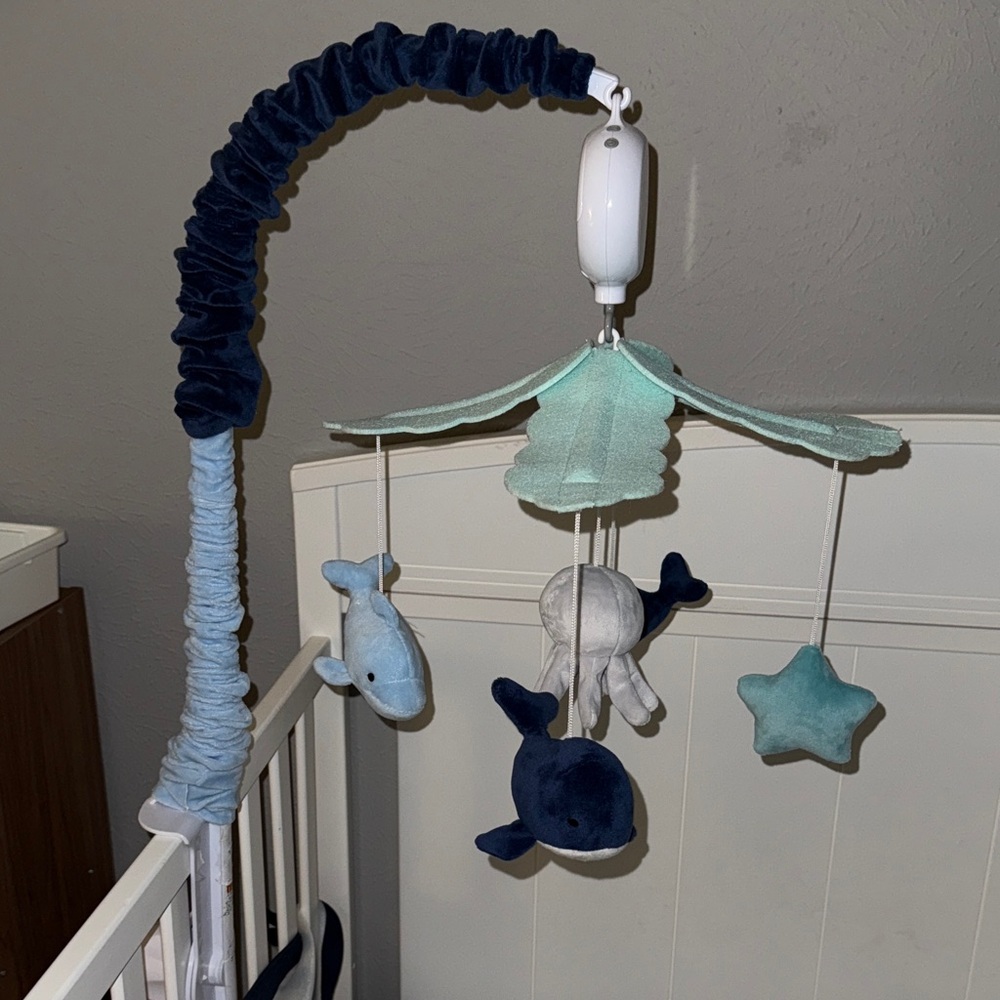 Blue and White Baby Crib Mobile with Whales and Star